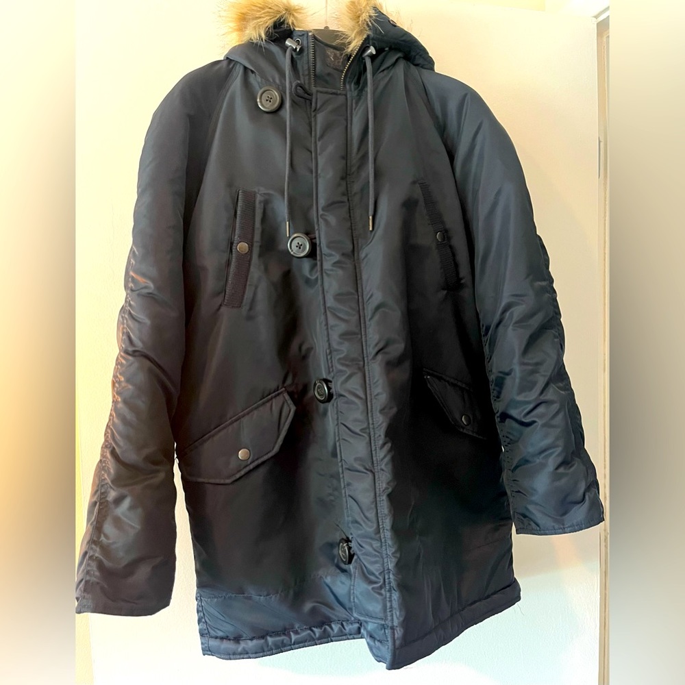 Unisex J-Crew winter blue parka with faux fur hood (size M)